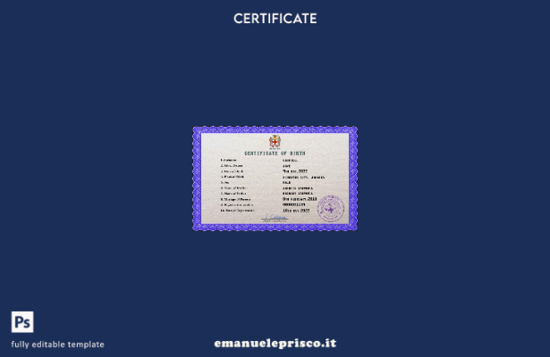 modello PSD del certificato di nascita del documento di stato civile della Giama
